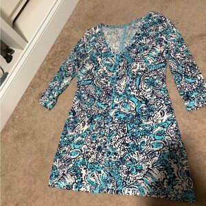 Lilly Pulitzer Juliet Dress Sz L Hippy Happy Shake Pima Cotton 3/4 Sleeve